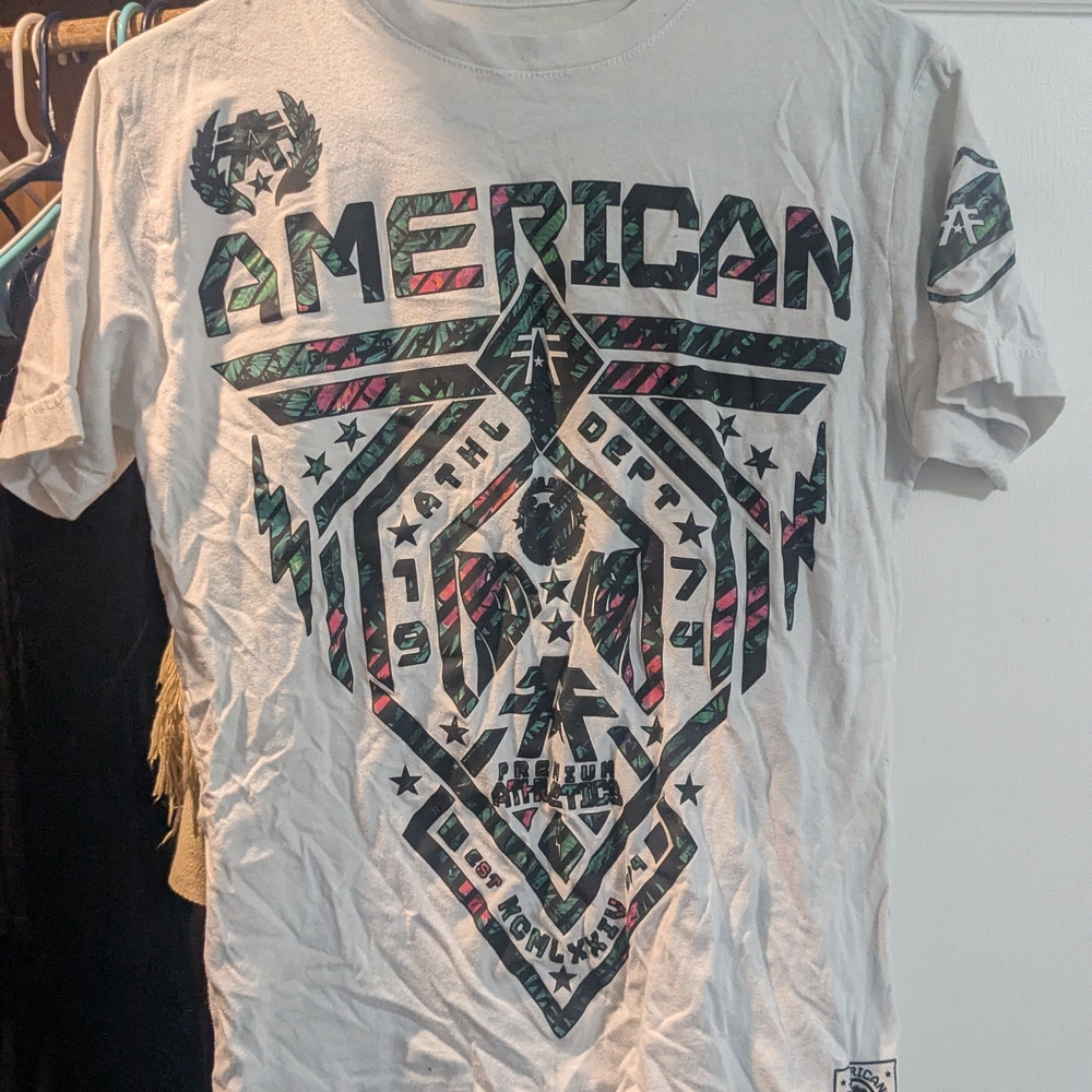 American Fighter White and Black Short Sleeve Tee with Bold Geometric Patterns